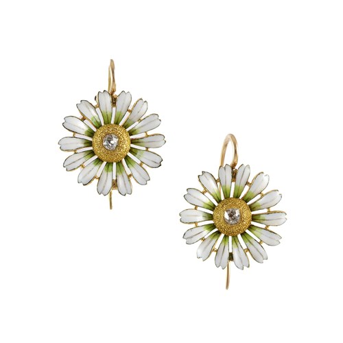 Pair of late 19th century white enamel, diamond and gold daisy earrings, c.1895,